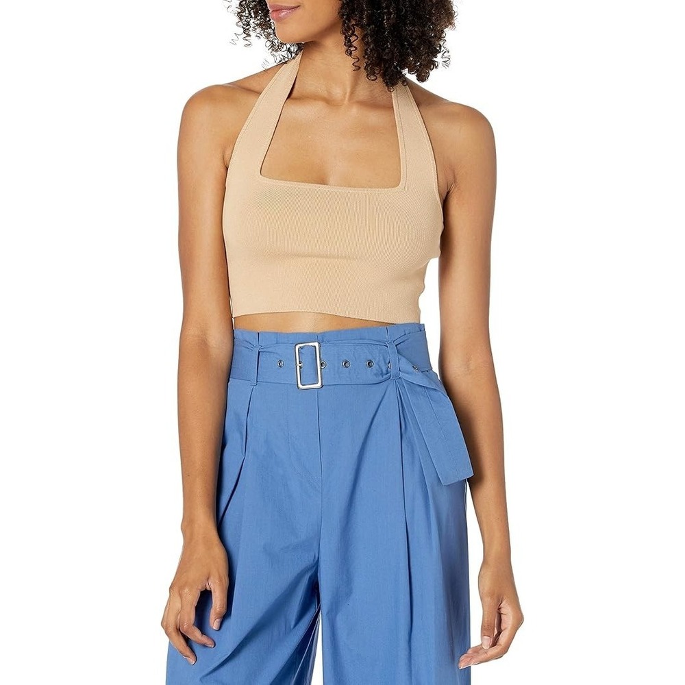 Luxe Ribbed Halter Crop Top XS Beige Viscose Blend NWT Fitted Square Neck - Picture 1 of 5